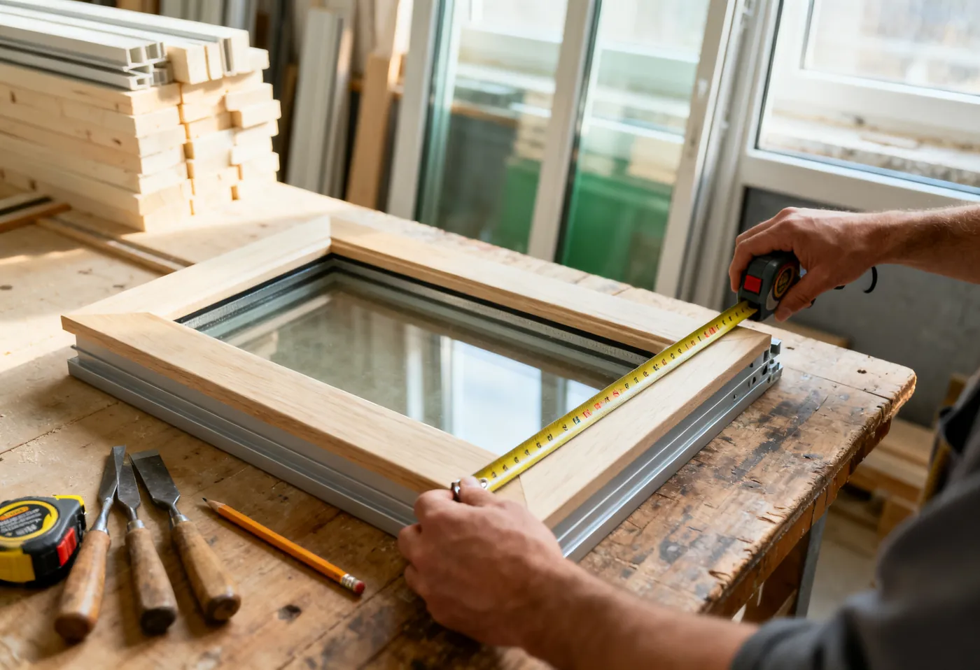 Aufmaß an einem Holz-Aluminium-Fensterrahmen auf der Werkbank
